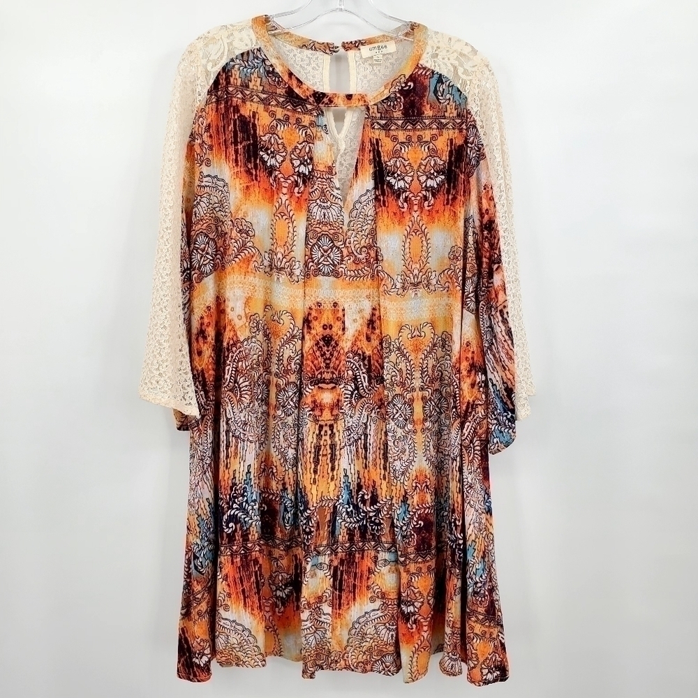 Umgee Burnt Orange Lace Detail Boho Mini Dress
